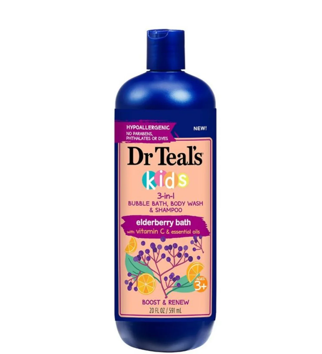 Dr Teal’s Kids 3-in-1 Bubble Bath, Body Wash & Shampoo, Boost & Renew Elderberry Bath with Vitamin C – 20 oz