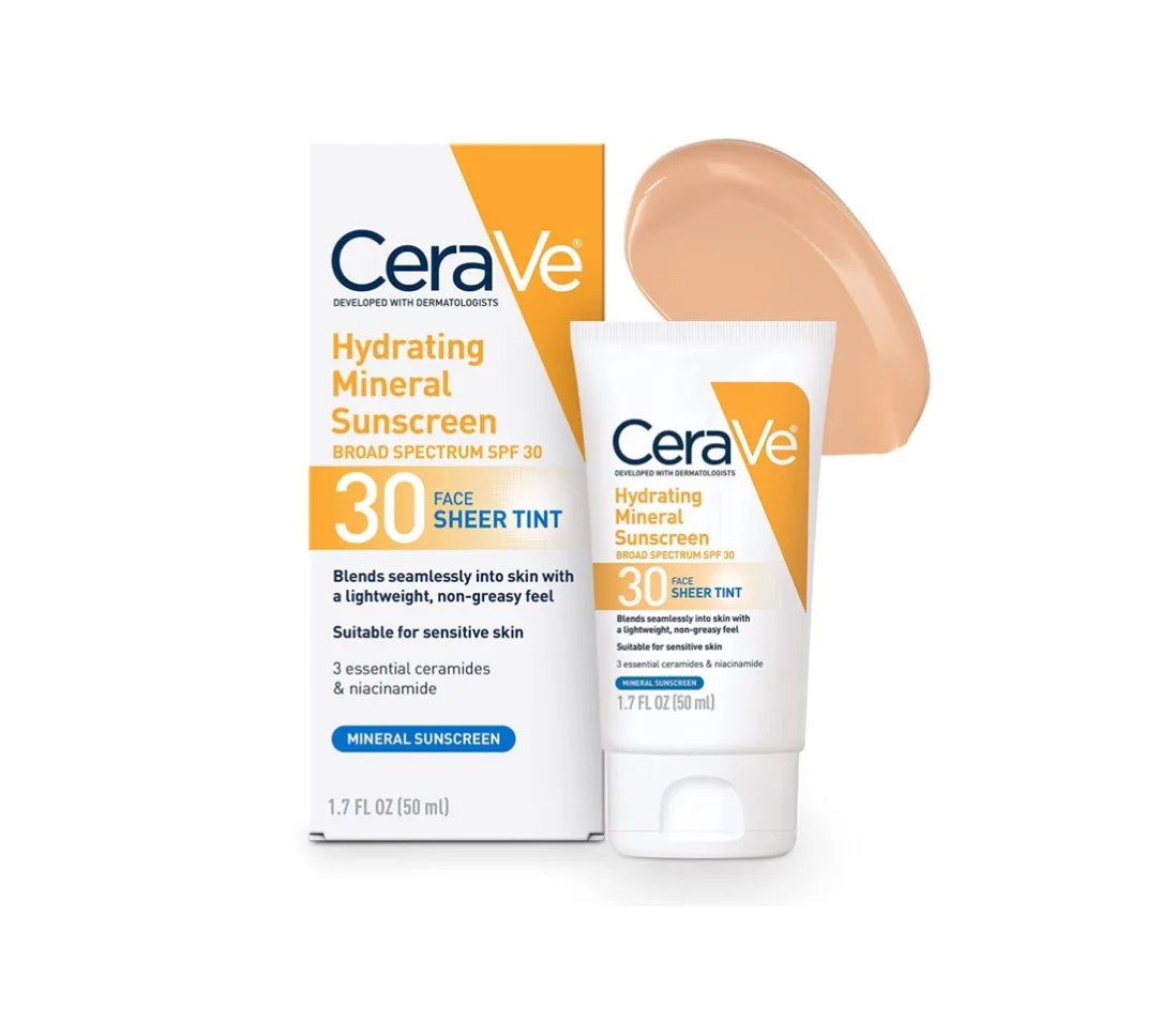 CeraVe Hydrating Face Sunscreen SPF 30, Lightweight Tinted Mineral Sunscreen-2.5oz