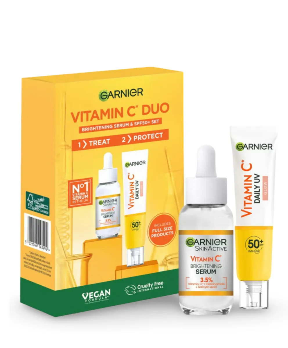 Garnier Vitamin C brightening serum & glow UV fluid spf50+ face duo set