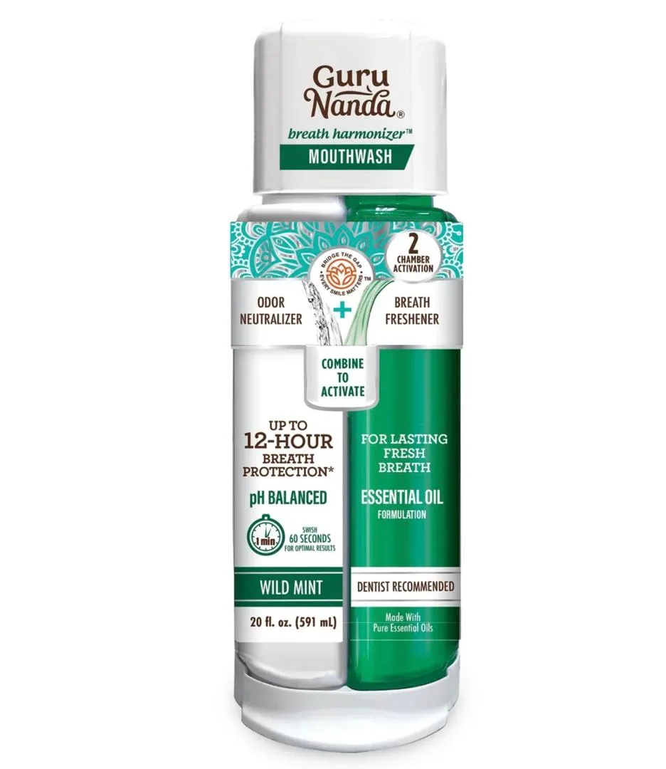 Gurunanda Dual Barrel Breath Harmonizer Mouthwash - Fresh Breath - Alcohol & Fluoride Free - 20oz