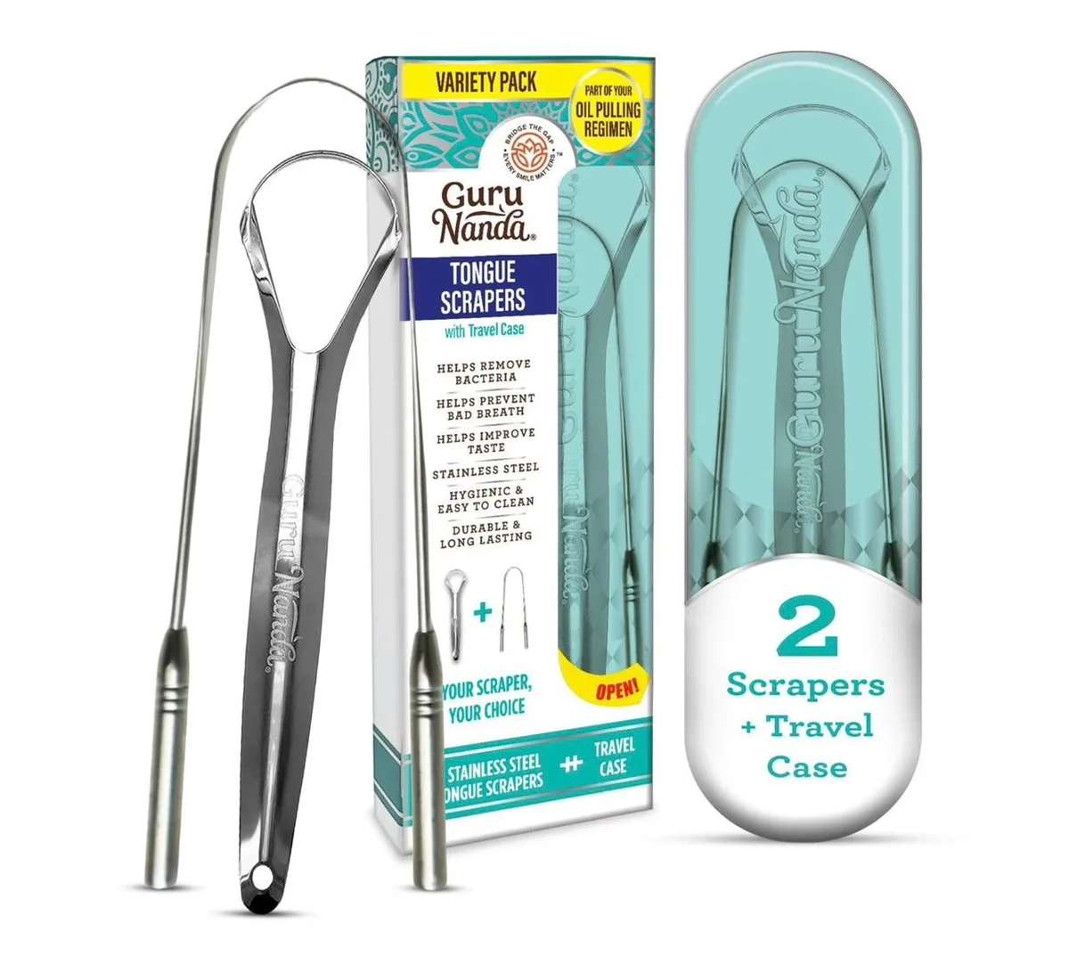 GuruNanda Spoon & U-Shaped Tongue Scraper Variety Pack with Travel Case, Stainless Steel, 2 Pack