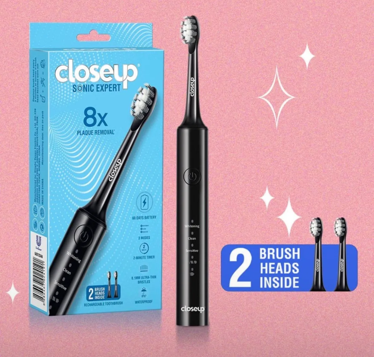 Close Up Sonic Expert electric toothbrush with 2 brush heads - black