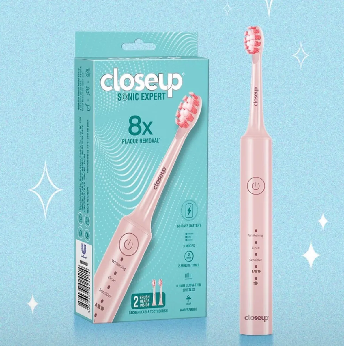 Close Up Sonic Expert electric toothbrush with 2 brush heads - blush pink