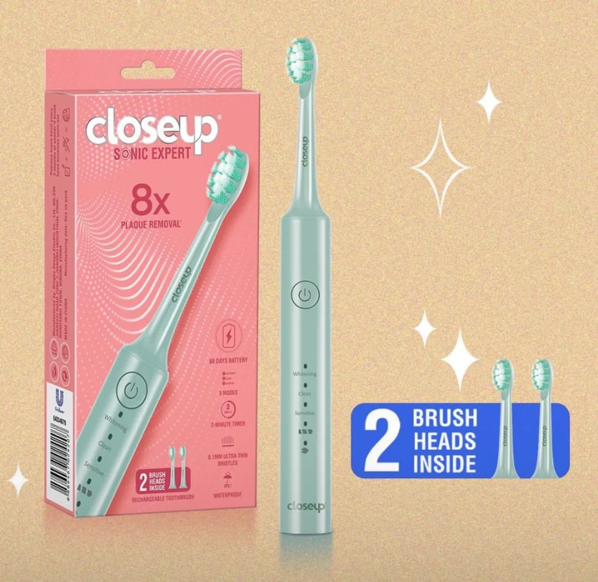 Close Up Sonic Expert electric toothbrush with 2 brush heads - turquoise