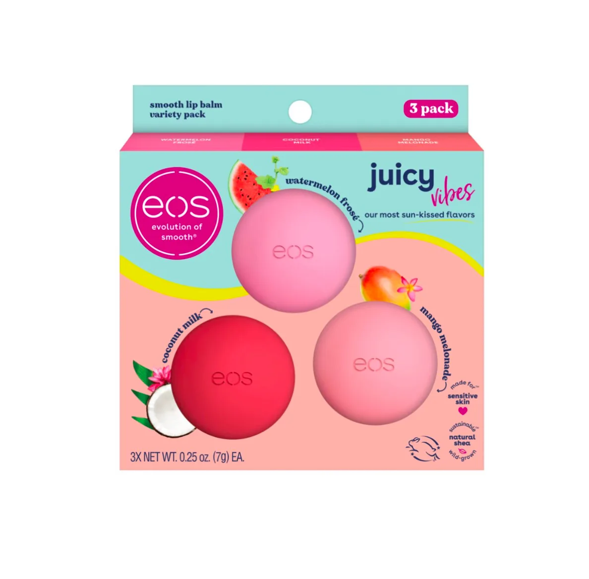 Eos juicy vibes lip balm- watermelon frosé,mango melonade & coconut milk gift set